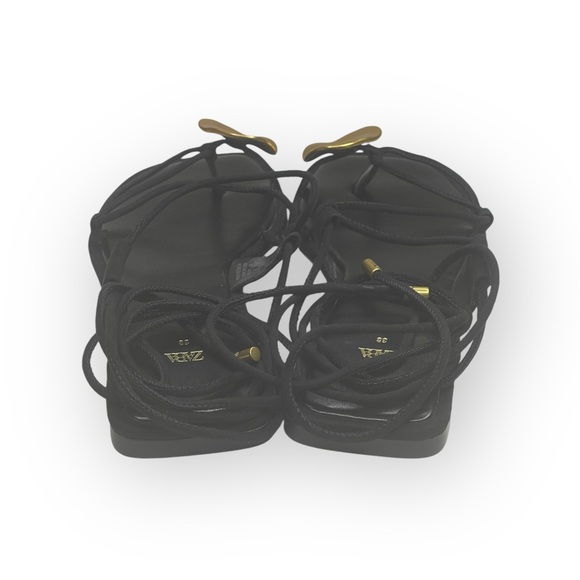 Deadstock: new Zara ❧ Embellished Flat Sandals ❧ Black Bright Gold Hardware ❧ 8M - Picture 5 of 16